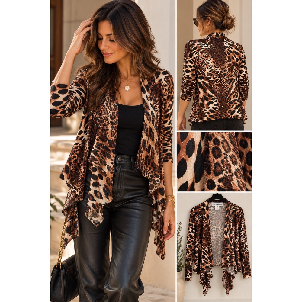 Peter Nygard Animal Print Waterfall Cardigan Leopard Y2K Size S